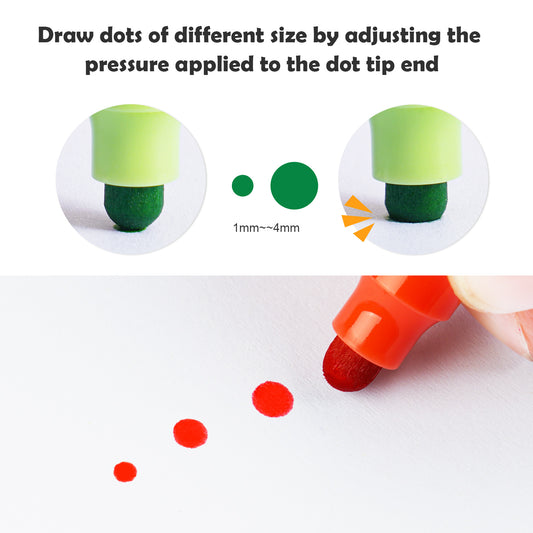 Dual Tip DOT Marker Pens 12 Colors Round DOT Fiber Fine Tip for Art, Coloring,