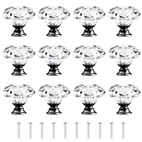 Crystal Clear Glass Cabinet Drawer Pulls Black Base Diamond Shape Cupboard Knobs