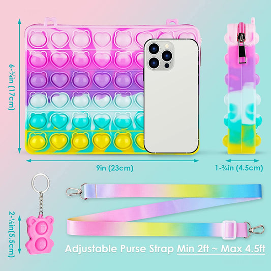 Purse Push Pop Fidget Sensory Toy Bear Bubble Keychain Silicone Zipper Handbag