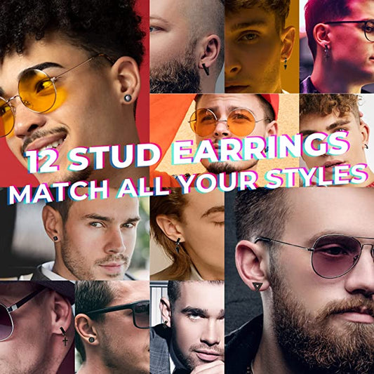 Earrings Men 12 Pairs Black Stud Hoop Earrings Hanging Earrings Stainless Steel