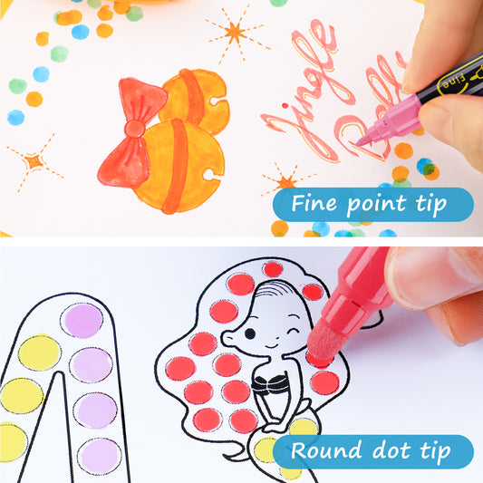 Dual Tip DOT Marker Pens, 12 Colors 1mm Fine Tip & 5mm Round DOT Tip Water-Bas