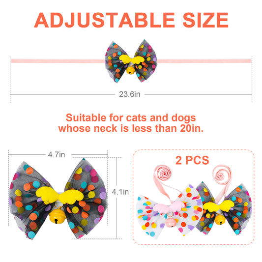 Cat Dog Collars with Bow Tie & Bell 2PCS Pet Safety Mesh Lace Colorful 2 Colors