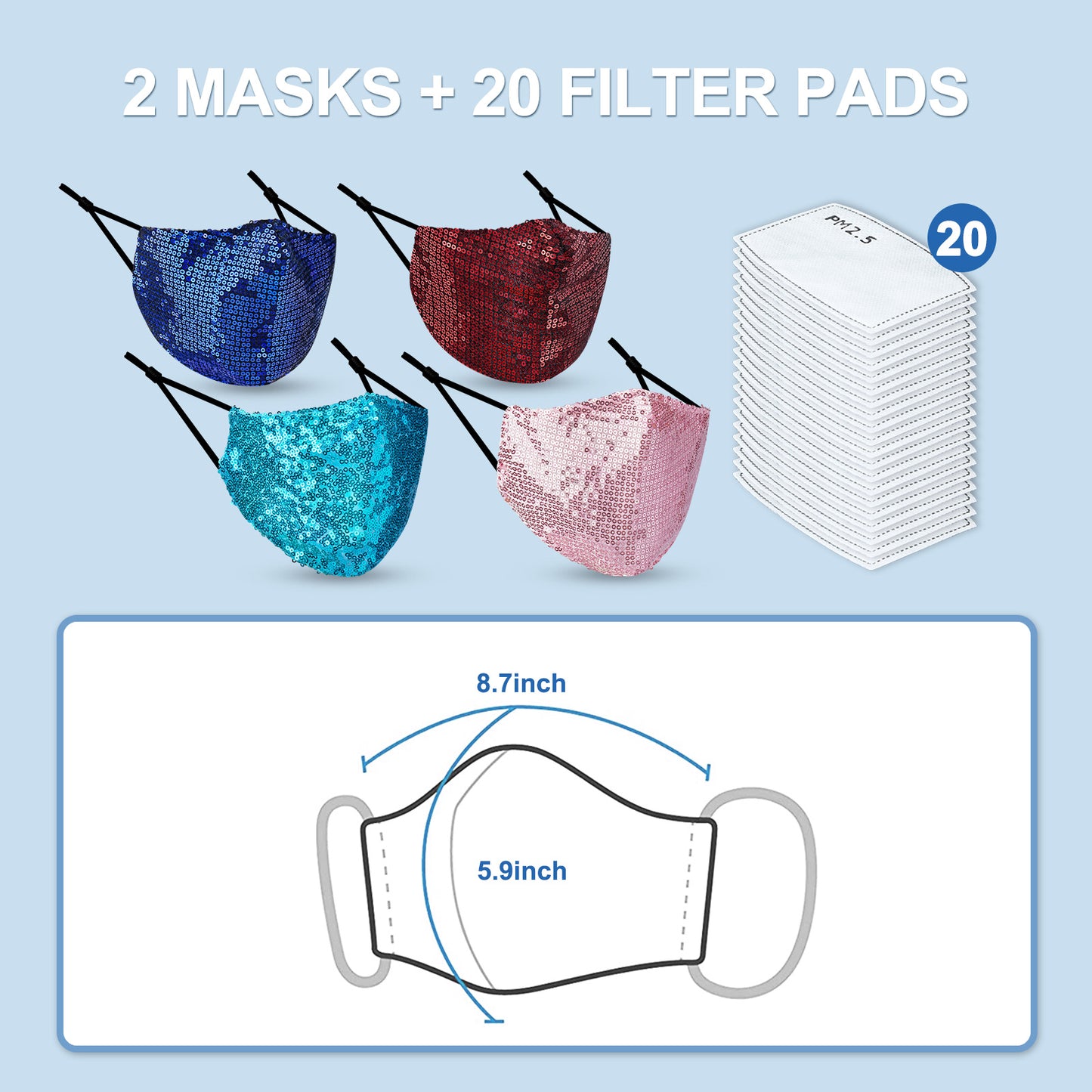 (4 Masks+20 Filters) Washable Fashion Glitter Sequins 5-Layer Filter s,