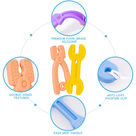 4 Pack Silicone Teething Toys for Babies 3-12 Months Hammer Wrench Spanner